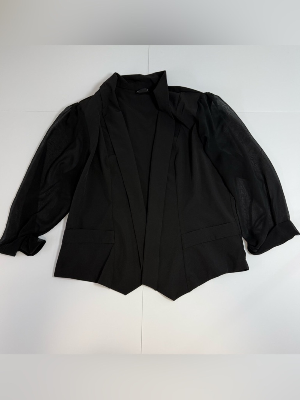 City Chic Black Open-Front Blazer with Sheer Puff Sleeves size M/18
